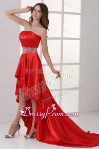 Sweetheart High-low Red Empire Beaded Decorate Waist Prom Dress