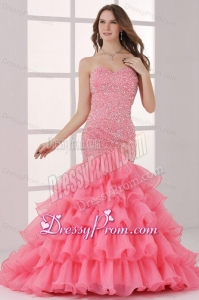 Watermelon Sweetheart Mermaid Beading and Ruffles Layered Prom Dress