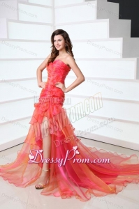 A-line Hot Pink Sweetheart Ruching and Beading Court Train Prom Dress