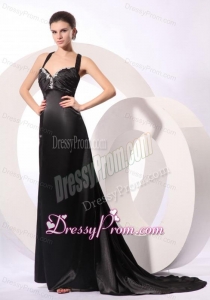 Column Straps Black Elastic Woven Satin Criss Cross Prom Dress with Beading