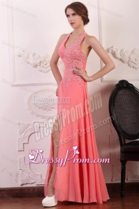 Halter Top Neck Chiffon Empire Beaded Decorate Full Length Prom Dress