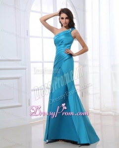 Mermaid One Shoulder Ruching Beading Blue Floor-length Prom Dress