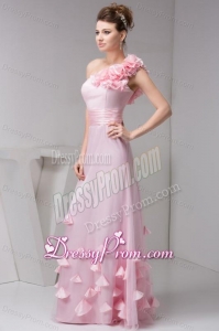 One Shoulder Floor-length Pink Organza Hand Made Flowers Prom Dress