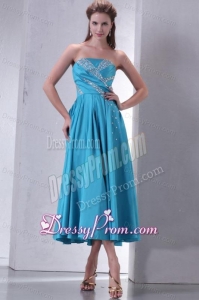 Teal Empire Strapless Tea-length Prom Dress with Beading