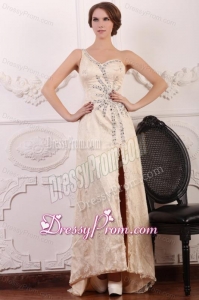 Champagen Column One Shoulder Beaded High Slit Prom Dress