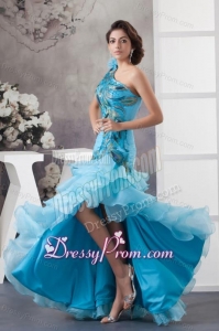 Mermaid One Shoulder Blue Appliques and Ruffled Layers Orange Prom Dress