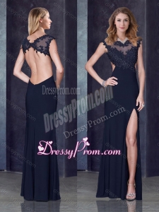 20116 Column Backless Applique Black Prom Dress with Beading and High Slit