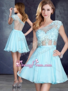 2016 Cheap See Through One Shoulder Applique Dama Dress in Aqua Blue