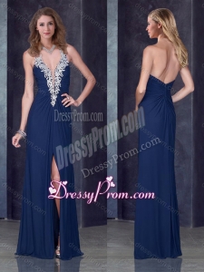 2016 Navy Blue Halter Top Prom Dress with High Slit and Appliques