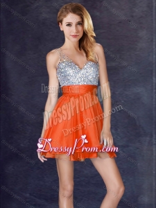 2016 New Style Backless Orange Red Short Dama Dress with Sequins