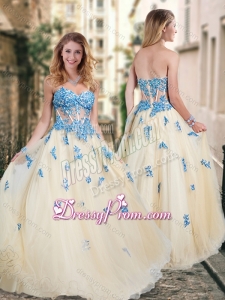 2016 Pretty Visible Boning Tulle Champagne Dama Dress with Blue Appliques