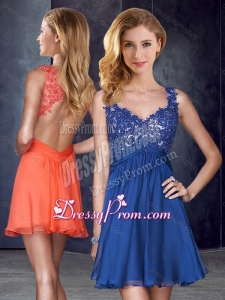 2016 Straps Backless Royal Blue Dama Dress with Appliques and Belt