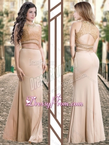2016 Two Piece Scoop Chiffon Champagne Prom Dress with Beading