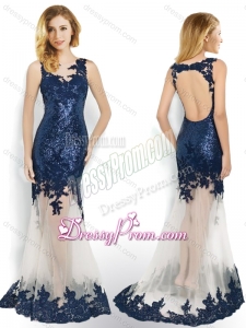 2016 Beautiful Sequined and Applique Navy Blue Prom Dress with Brush Train