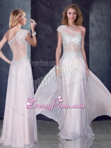 2016 One Shoulder Applique Baby Pink Prom Dress with See Through Back