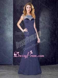 2016 See Through Back Satin Beaded Prom Dress in Navy Blue