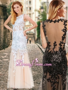 2016 See Through Back Scoop Champagne Christmas Party Dress with Appliques