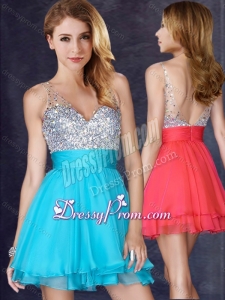 2016 Clearance A Line V Neck Sequined Aqua Blue Short Prom Dress