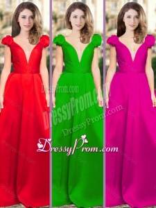 2016 Clearance Deep V Neckline Satin Prom Dress with Cap Sleeves