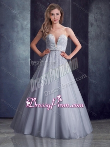 2016 Clearance See Through A Line Belted with Beading Prom Dress in Grey