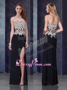 2016 Column Black Clearance Prom Dress with High Slit and Appliques