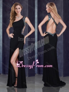 2016 One Shoulder Backless Black Quinceanera Dama Dresses with Beading and High Slit