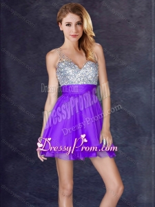 2016 New Arrivals Chiffon Backless Short Quinceanera Dama Dresses in Purple