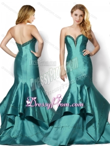 2016 Wonderful Brush Train Mermaid Taffeta Beaded Top Quinceanera Dama Dresses in Teal