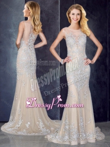 2016 Bateau Applique Champagne Simple Prom Dress with Brush Train