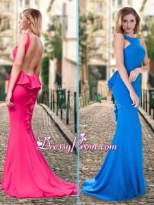 2016 Column Ruffled Blue Backless Simple Prom Dress with Brush Train
