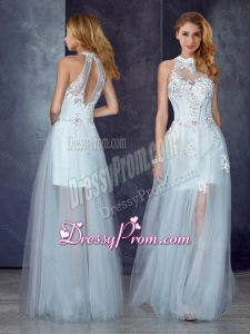 2016 Short Inside Long Outside High Neck Light Blue Simple Prom Dress with Appliques and Beading