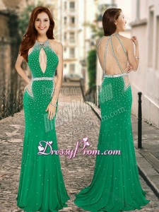 2016 Simple Column High Neck Backless Green Prom Dress with Beading
