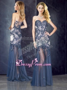 2016 Simple Column Navy Blue Prom Dress with Appliques and Beading