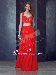2016 Simple Two Piece Column Straps Red Prom Dress with Appliques