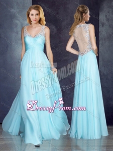 2016 V Neck Applique Light Blue Simple Prom Dress with See Through Back