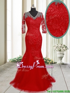 2017 Lovely Mermaid V Neck Brush Train Laced Red Prom Dress with Half Sleeves