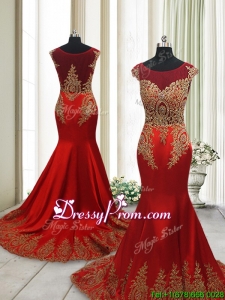 Beautiful Brush Train Mermaid Cap Sleeves Prom Dress with Beading and Appliques