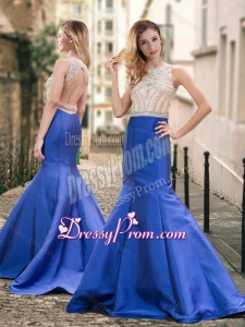 2016 Mermaid Backless Beaded Royal Blue Vintage Prom Dress with Brush Train