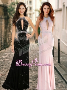 2016 Vintage High Neck Beaded Backless Prom Dress with Brush Train