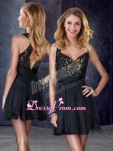 2016 Vintage V Neck Black Prom Dress with Appliques and Belt