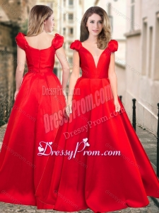2016 Vintage Deep V Neckline Cap Sleeves Prom Dress in Red