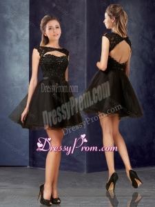 2016 Vintage Open Back Bateau Black Prom Dress with Lace and Belt