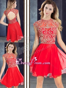 2016 Vintage Scoop Beaded Red Short Prom Dress with Cap Sleeves