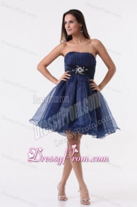 A-line Strapless Navy Blue Beading Ruching Organza Prom Dress