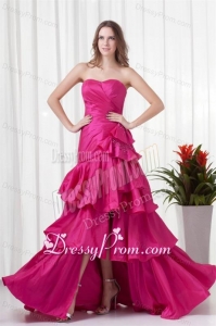 A-line Sweetheart Fuchsia High Low Ruching Bowknot Taffeta Prom Dress