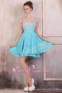 Beaded Decorate Brust Straps Chiffon Knee-length Aqua Blue Prom Dress