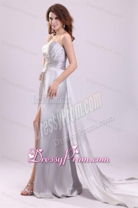 Column Beading and Ruching High Slit One Shoulder Watteau Train Prom Dress