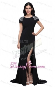 Column Scoop Cap Sleeves High Slit Brush Train Beading Prom Dress