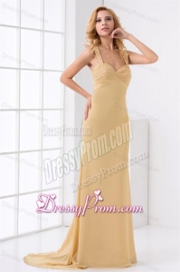 Column Straps Ruching Champagne Chiffon Brush Train Criss Cross Prom Dress