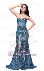 Column Sweetheart Blue Sequins High Slit Brush Train Prom Dress